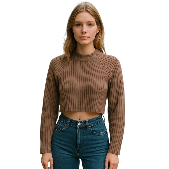 Zara Sweaters - Zara Brown Long Sleeve Ribbed Crop Sweater- M